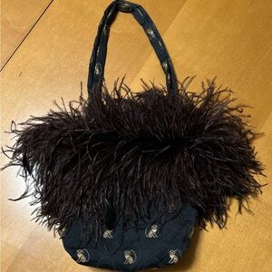 Genuine feather handbag black and satin pattern